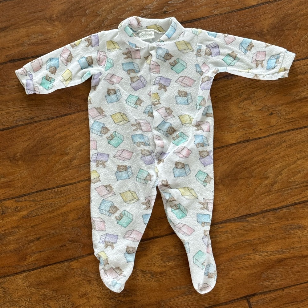 Vintage CARTER'S Pastel Baby Terry Terrycloth Sleeper~Bunny Bear/Boxes Sz 6-9 Mo